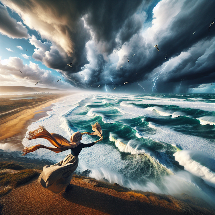 Una fotografía cinematográfica, de ángulo abierto, de un paisaje costero dramático, barrido por la tormenta