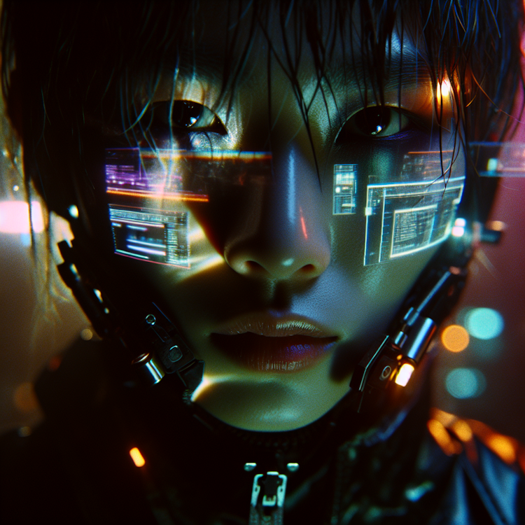 Un retrato cinematográfico y de alto contraste de un hacker inspirado en el cyberpunk