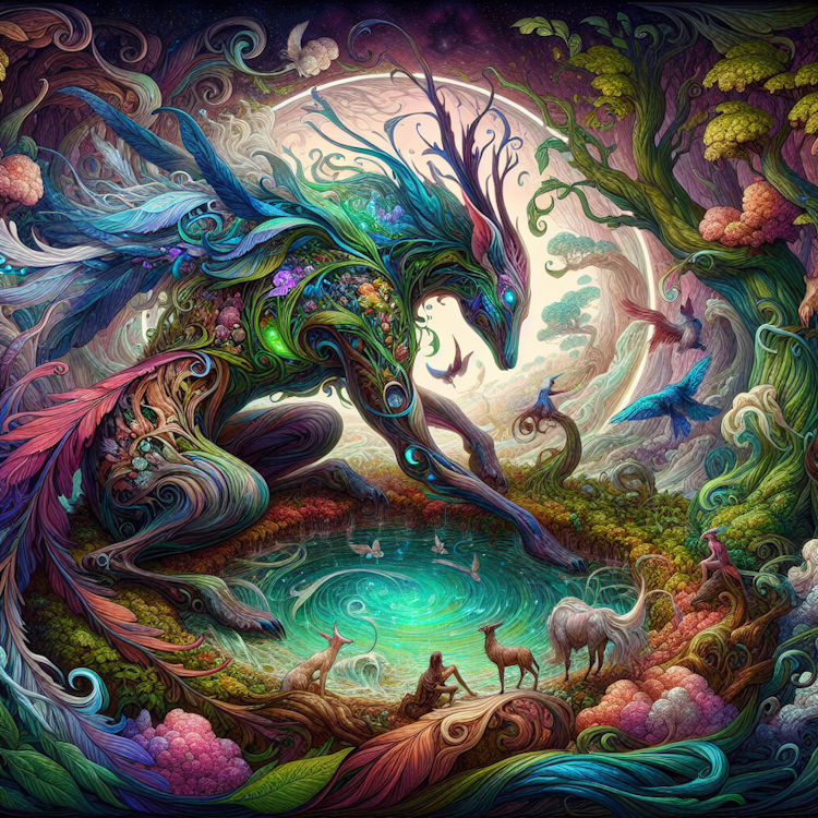 A whimsical, fantasy-inspired digital illustration of a mystical, nature-based creature