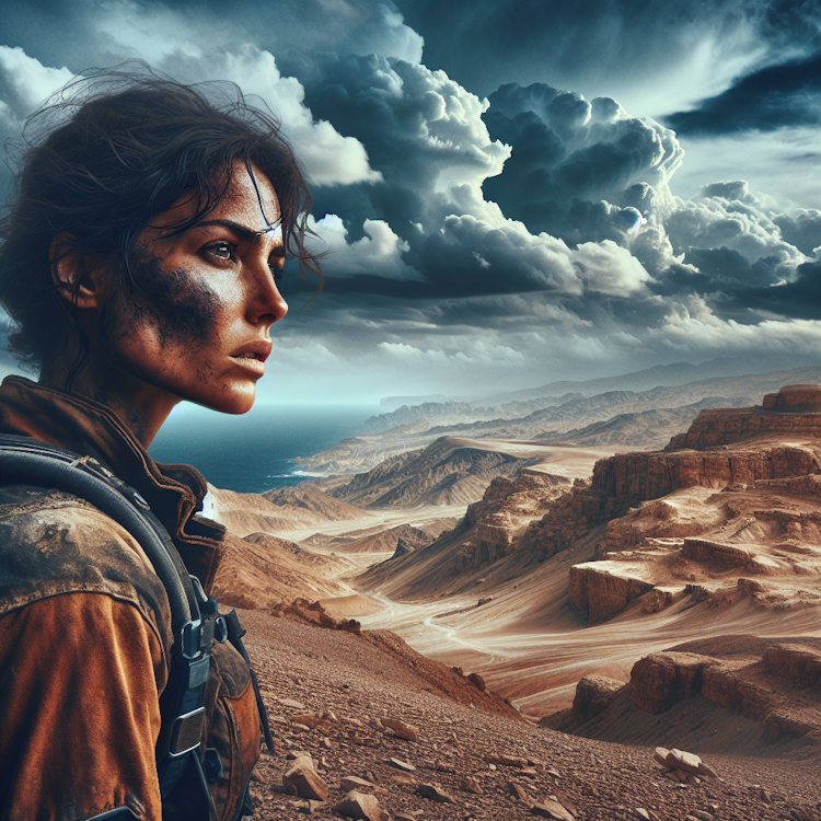 Um retrato cinemático e de alto contraste de um explorador rústico e gasto em uma paisagem árida e pós-apocalíptica