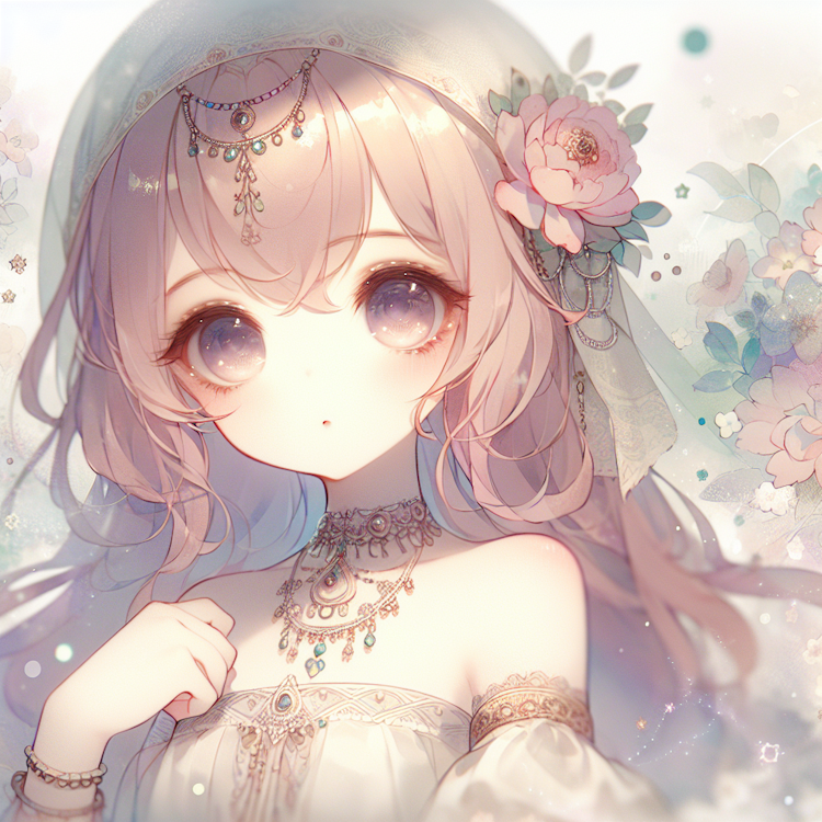 A delicate, pastel-colored digital illustration of an anime-inspired girl with a whimsical, dreamlike aesthetic