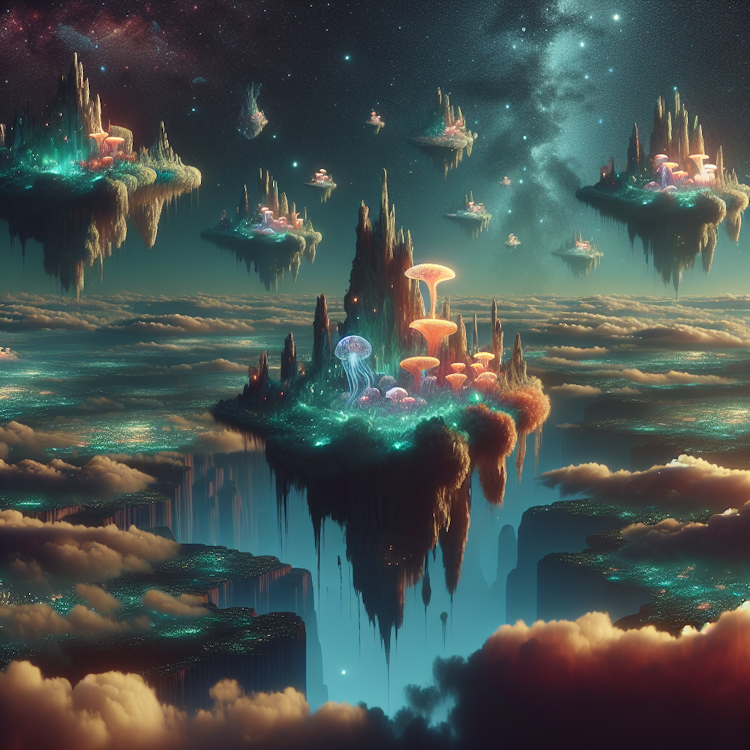 Una pintura de paisaje fantástica y surrealista de un archipiélago flotante en un cielo estrellado por la noche