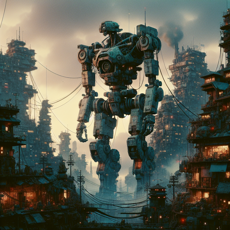 Gritty, dystopian anime-inspired landscape with mecha robots