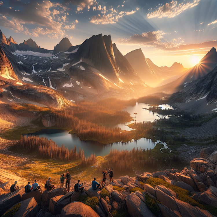 Una fotografía cinematográfica de ángulo amplio de un paisaje de montaña impresionante al amanecer