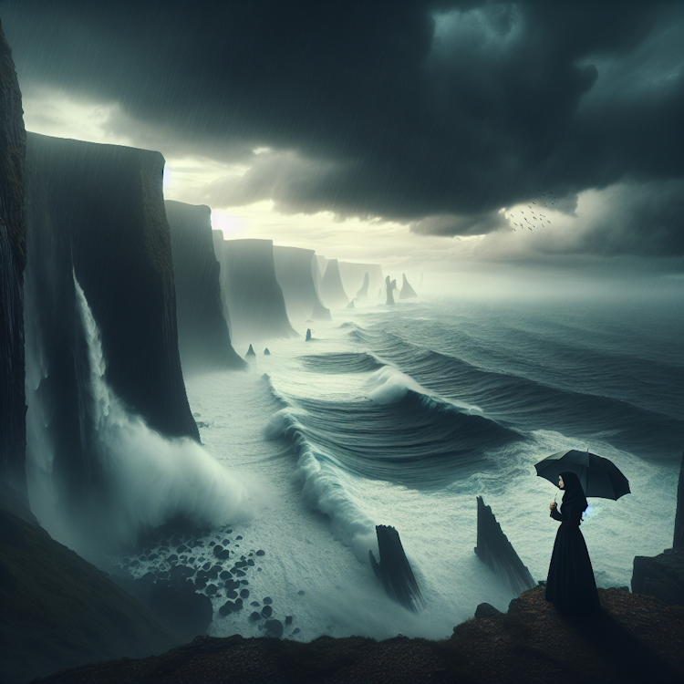 Uma fotografia cinematográfica em grande angular de uma paisagem costeira dramática e varrida pela tempestade