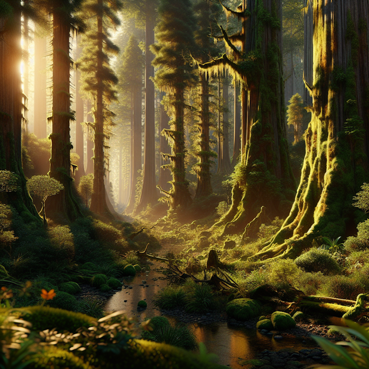 A serene, photorealistic digital painting of a lush, ancient forest