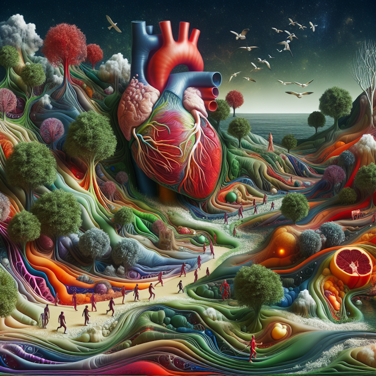 A surreal digital illustration of the human anatomy as a vibrant, organic landscape