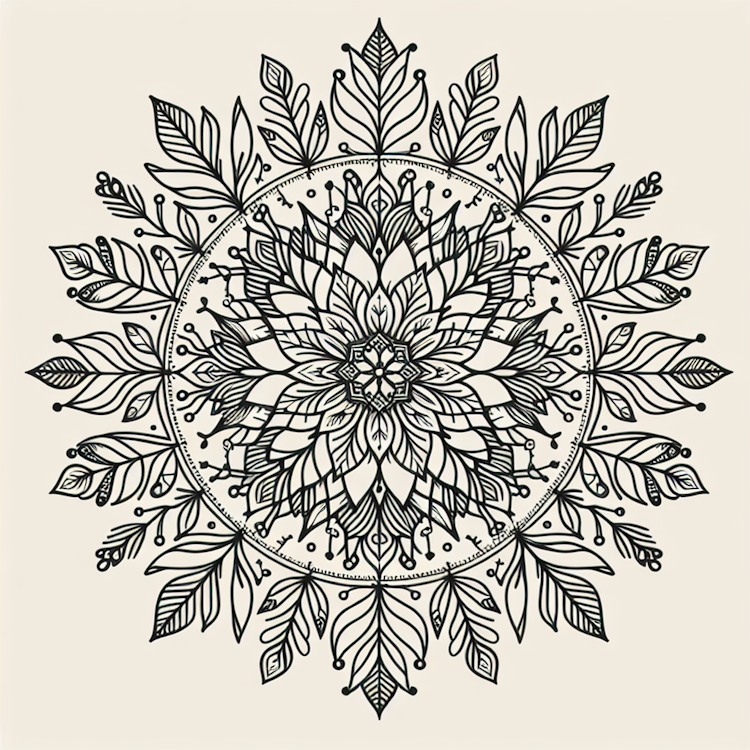 Una ilustración de arte lineal minimalista e inspirada en la botánica de una mandala basada en la naturaleza
