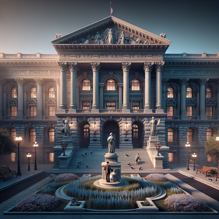 Dramatic, cinematic view of a historic, neoclassical government building