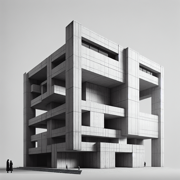 Uma fotografia minimalista, em preto e branco, de um edifício governamental brutalista, de concreto