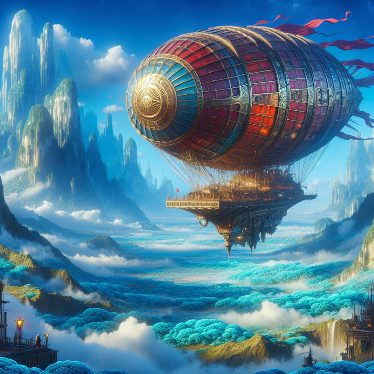 A cinematic, sweeping aerial shot of a vast, fantastical airship soaring over a lush, alien landscape