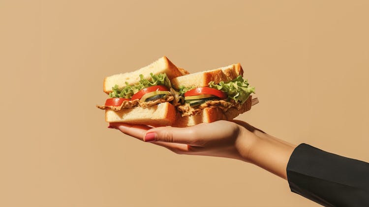 A hand holding a sandwich